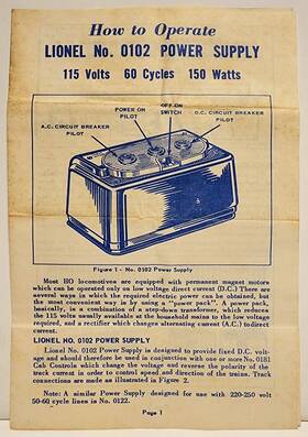 0102 Lionel Vintage Ftinstructionsft Ho Transformer Power Supply Dc Postwar Rare #0102