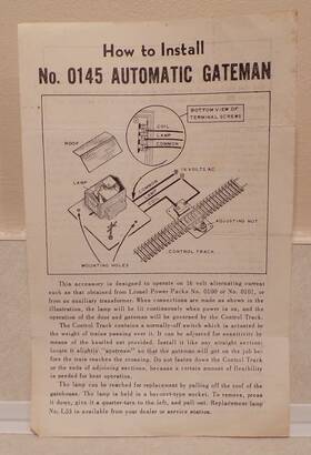 0145-35 Lionel Postwar No. Ho Automatic Gateman Original Instructions - 10/1959