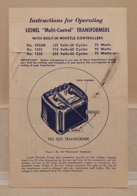 1033-68 Lionel Postwar No. Transformer Original Instructions - Dated 10/1951