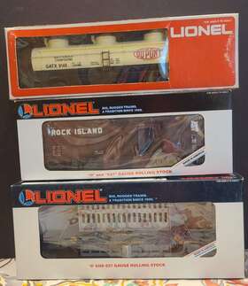 6-6148 Lionel O Set Of 3 Inch Grab Bag Dupont Tank Rock Island Box And Condenser Car Nib