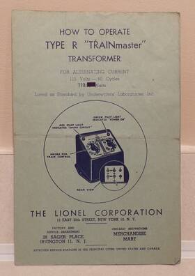 R72-65m Lionel Postwar Type R Trainmaster Transformer Original Instructions Dated 9/1946