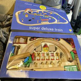 Little Tree 647069750097 Natural Wood Learning Toys 70 Piece Super Deluxe Train Set