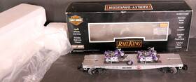 Mth 658081219912 Rail King O-scale Harley Davidson Flat Car With 3 Fat Boy Motorcycles