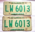 2 Illinois Land Of Lincoln Green White Metal 1977 Expired License Plates Lw 6013. Fixed Price $22.40.