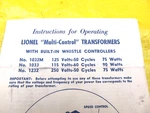 Lionel Postwar 1033-68 9-50TT Multi-control Transformer- Original Instructions. Fixed Price $12.00.