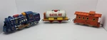 Vtg Ho Scale Tin Toy Locomotive, Gasoline Tanker & Train Caboose - Mizuno, Japan. Fixed Price $56.75.
