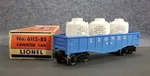 Lionel 6112-85 Blue Car W/ 3 Canisters & Box (o Gauge). Fixed Price $27.95.