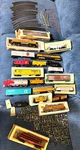 Vintage Trains Lot Of 24 Ho Scale Locomotive Cars Caboose + Signs Bridge. Fixed Price $130.00.